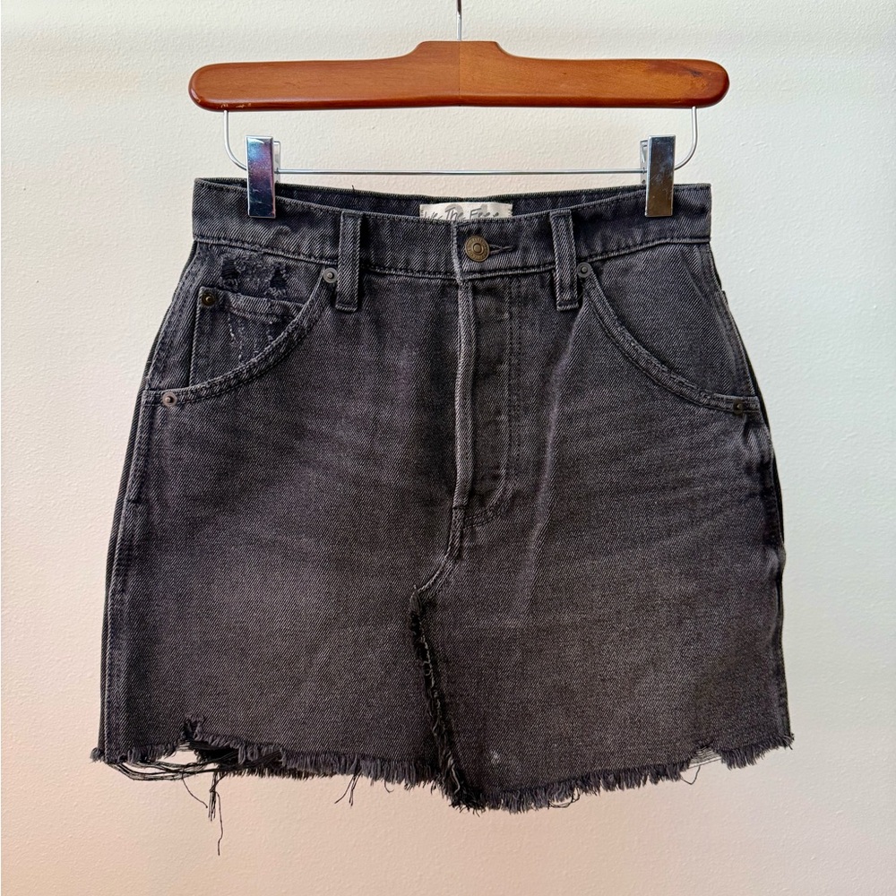 We The Free Black Denim Mini Skirt High Rise Raw Hem Size 24